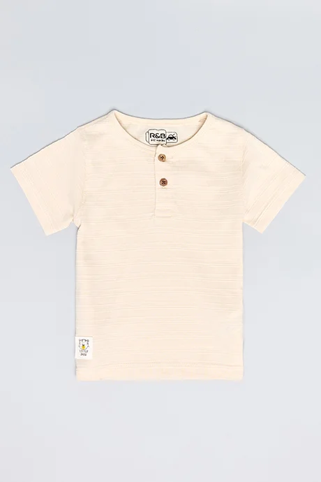 أر أند بي Textured T-Shirt with Henley Neck and Short Sleeves