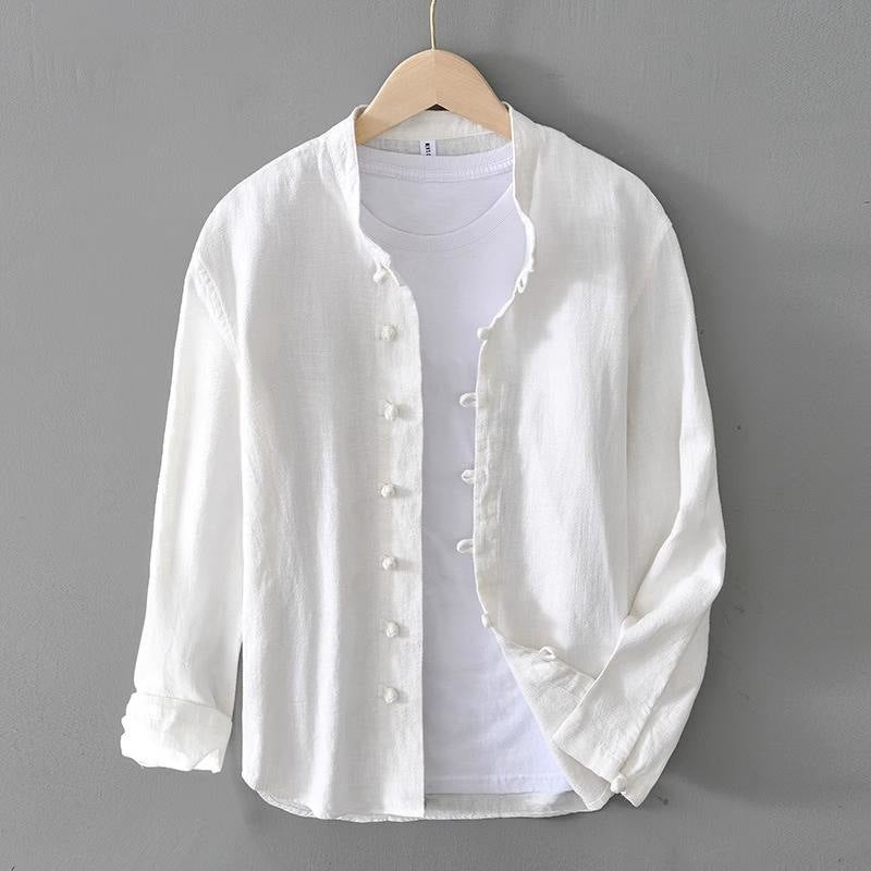 Chinese Style Casual Cotton and Linen Shirt Jacket Mens Thin Long Sleeve Collar Tang Coat National Fashion Retro White Buckle Loose White - Image 1