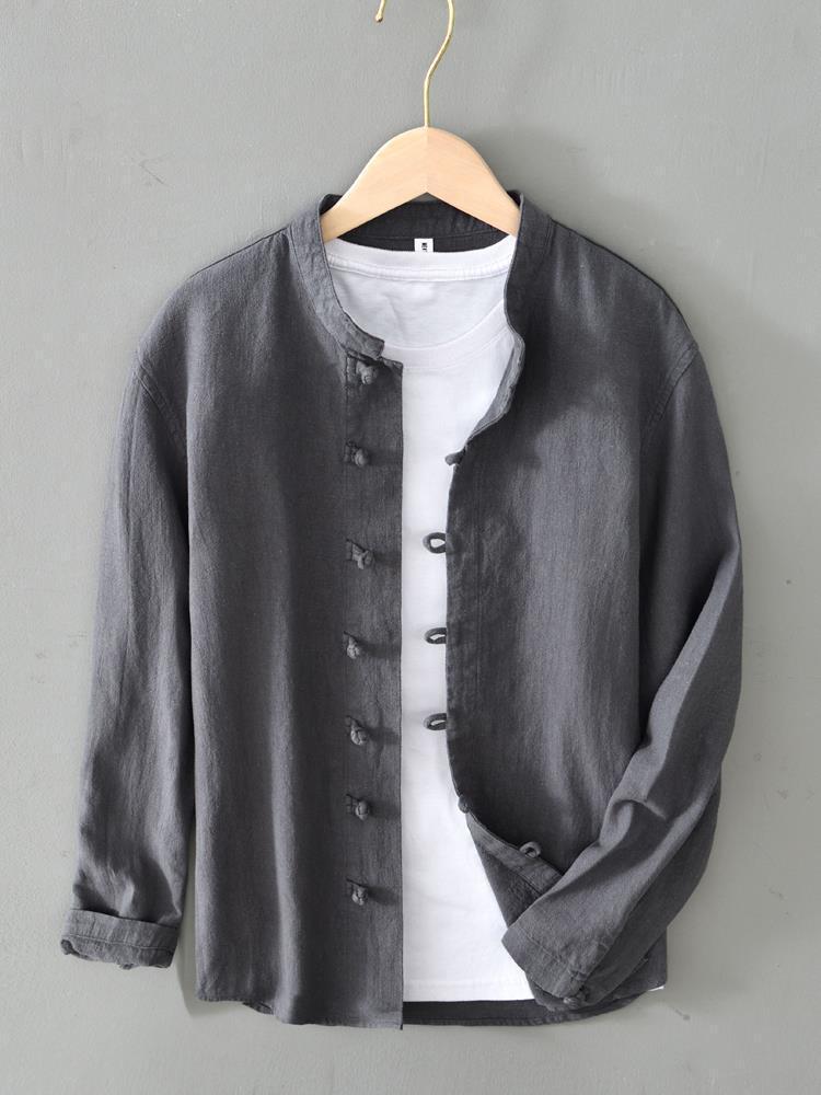 Chinese Style Casual Cotton and Linen Shirt Jacket Mens Thin Long Sleeve Collar Tang Coat National Fashion Retro White Buckle Loose White - Image 3