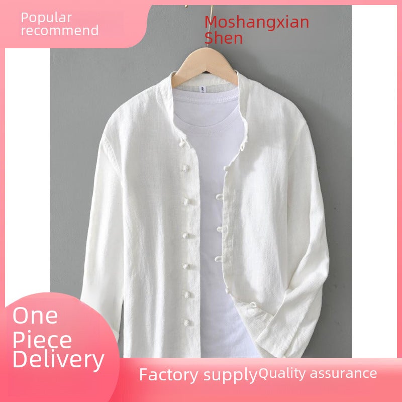 Chinese Style Casual Cotton and Linen Shirt Jacket Mens Thin Long Sleeve Collar Tang Coat National Fashion Retro White Buckle Loose White - Image 2