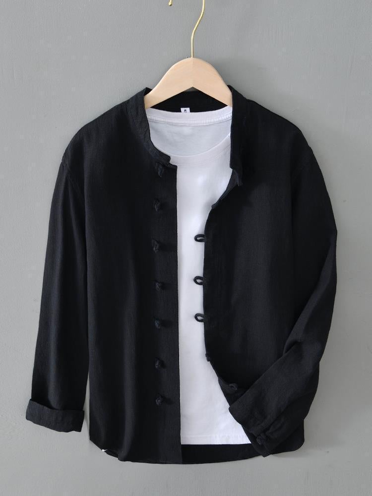Chinese Style Casual Cotton and Linen Shirt Jacket Mens Thin Long Sleeve Collar Tang Coat National Fashion Retro White Buckle Loose White - Image 5