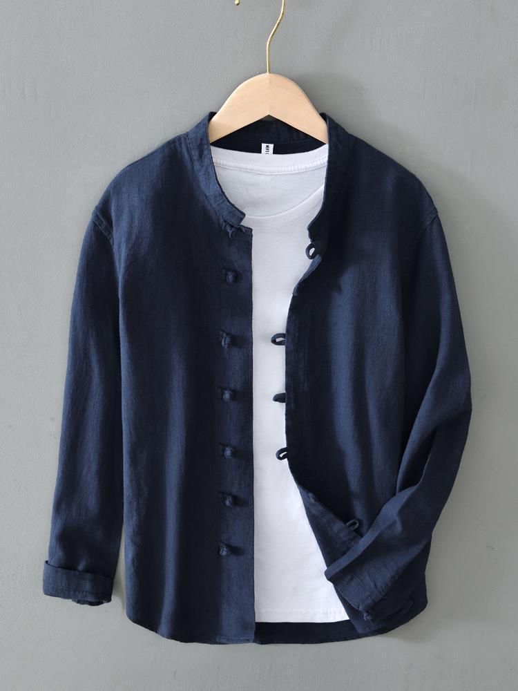 Chinese Style Casual Cotton and Linen Shirt Jacket Mens Thin Long Sleeve Collar Tang Coat National Fashion Retro White Buckle Loose White - Image 4