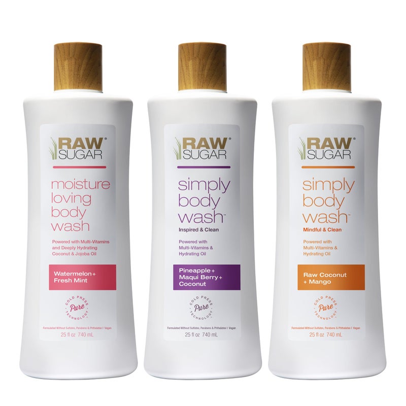 RAW SUGAR Simply Body Wash Variety Trio (25 Fl Oz, Pack of 3) Vegan Bath & Shower Gel, Raw Coconut + Mango, Pineapple + Maqui Berry + Coconut and Watermelon + Fresh Mint, No Sulfates & Parabens - Image 1