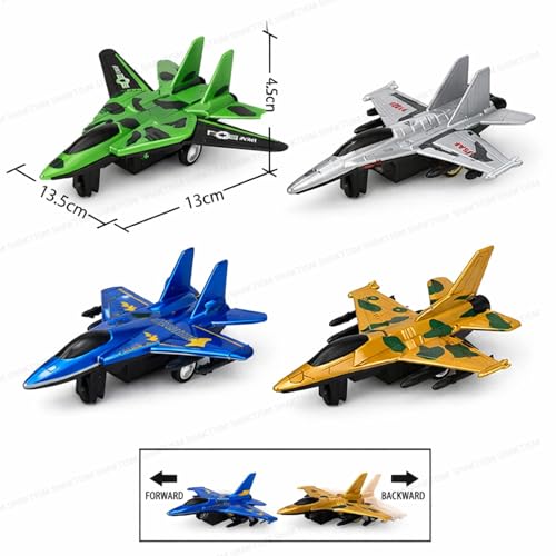 SHAKTISM Pull-Back Fighter Jets Toy Set, 4 Military Aircraft Models in Green, Blue, Silver, Gold Colors, Durable Plastic Construction, Ages 3+ - Image 3