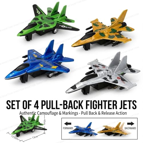 SHAKTISM Pull-Back Fighter Jets Toy Set, 4 Military Aircraft Models in Green, Blue, Silver, Gold Colors, Durable Plastic Construction, Ages 3+ - Image 2