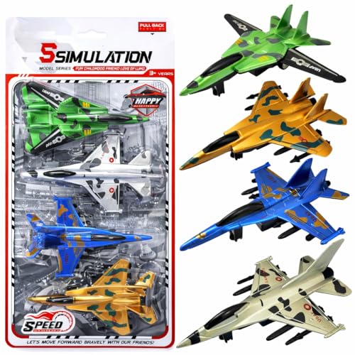 SHAKTISM Pull-Back Fighter Jets Toy Set, 4 Military Aircraft Models in Green, Blue, Silver, Gold Colors, Durable Plastic Construction, Ages 3+ - Image 1