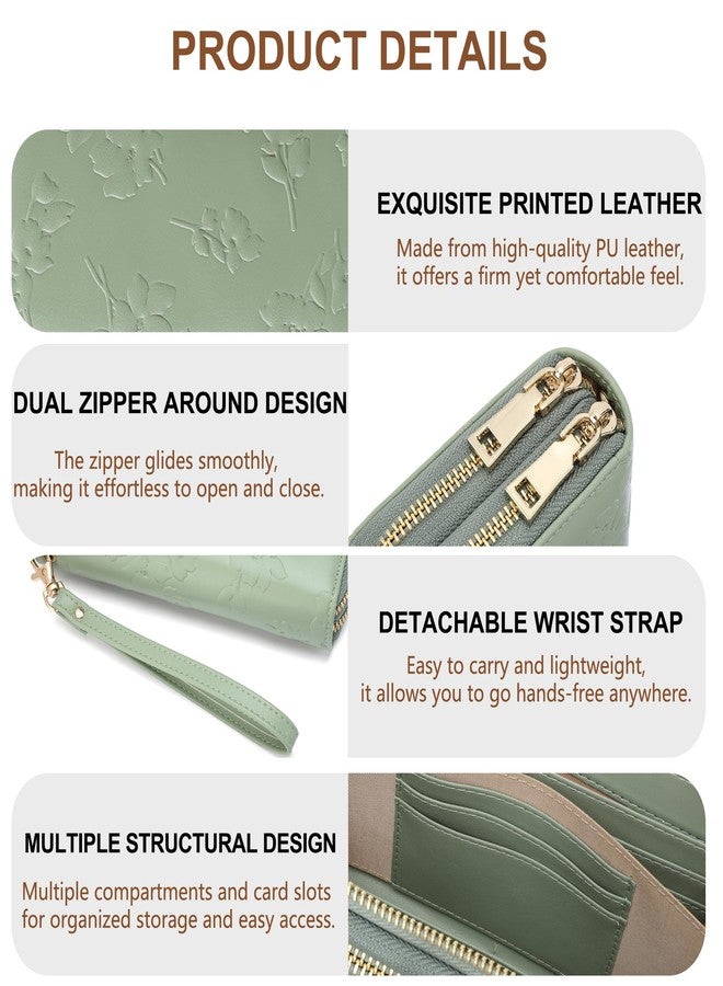yiijay Womens Wallet RFID Blocking Large Capacity Leather Double Zip Wristlet Wallet Credit Card Phone Holder Ladies Clutch, Light Green - Image 3