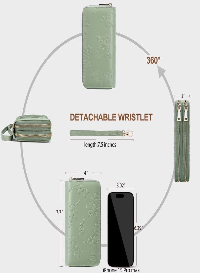 yiijay Womens Wallet RFID Blocking Large Capacity Leather Double Zip Wristlet Wallet Credit Card Phone Holder Ladies Clutch, Light Green - Image 4