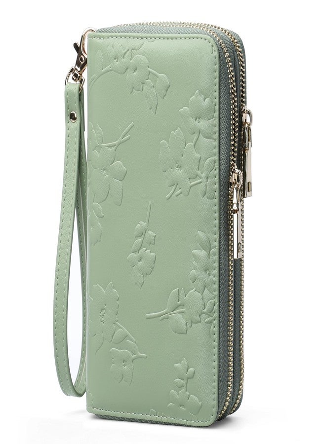 yiijay Womens Wallet RFID Blocking Large Capacity Leather Double Zip Wristlet Wallet Credit Card Phone Holder Ladies Clutch, Light Green - Image 1