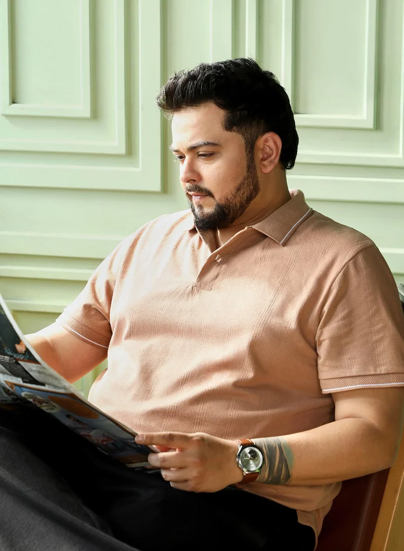 Instafab Plus Men Lined-Knit Polo T-Shirt | Tipping Polo Neck, Short Tipping-Cuff Sleeves | Half-Button Closure, Straight Hem | Solid Jacquard Knit Fabric For Plus Size Casual & Daily Wear | Brown