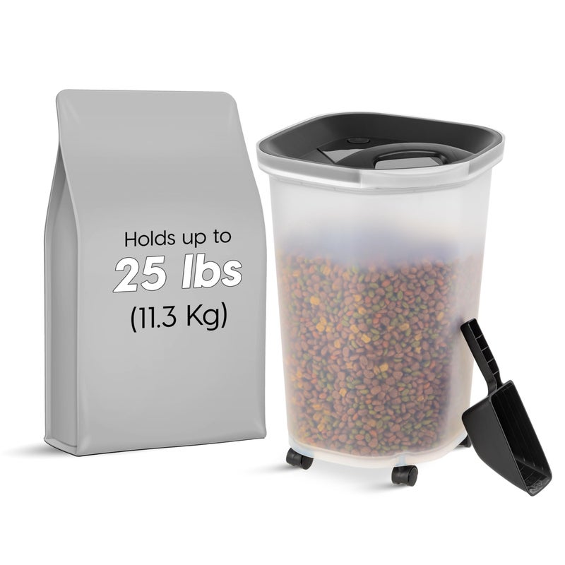IRIS USA Premium Airtight Dog Food Storage Container, Up to 25 lbs, 60% Improved Airtightness with Seal & Air Valve, 2 Cup Scoop, Removable Wheels, Fit in Small Space, BPA Free, Black - Image 1