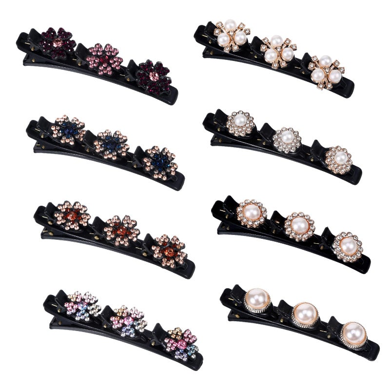 Sploziia Braided Hair Clips for Women, Sparkling Crystal Stone Pearl Barrette, 8PCS Rhinestone Decorative Barrette Clips with 3 Small Flower Hair Accessories for Women, Girls Styling Sectioning - Image 1