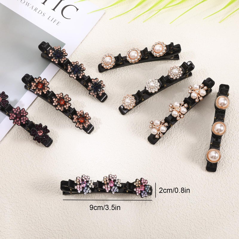 Sploziia Braided Hair Clips for Women, Sparkling Crystal Stone Pearl Barrette, 8PCS Rhinestone Decorative Barrette Clips with 3 Small Flower Hair Accessories for Women, Girls Styling Sectioning - Image 2