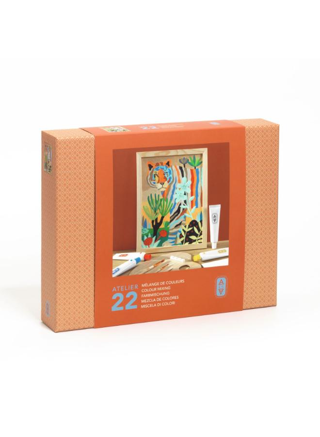 Djeco Atelier 22 Colour Mixing Art Kit, DIY Painting Set with Printed Canvas, Acrylic Paint Tubes, Wooden Palette, Brushes and Frame, Creative Craft Kit for Home Art Projects and Relaxing Painting - Image 1