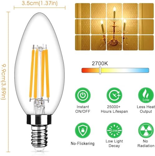 Yochoice 12-Pack Dimmable E12 LED Candelabra Bulbs 40Watt Equivalent, 2700K Warm White, 450Lumens, 4W B11 Vintage Chandelier Light Bulbs, LED Filament Clear Glass Candle Lamp for Ceiling Fan Home Decor1 - Image 4