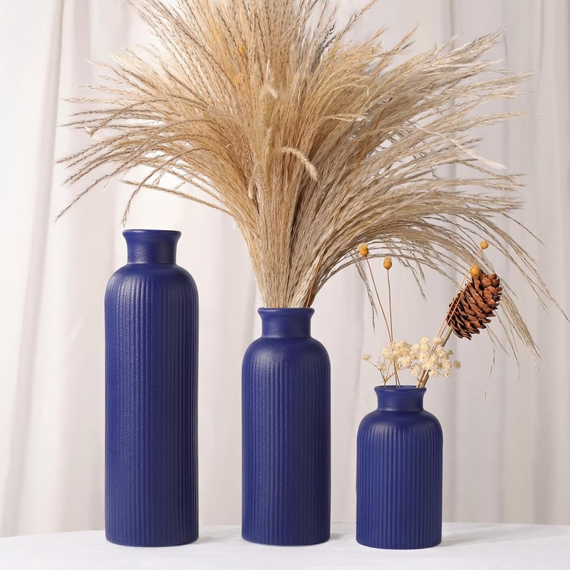 GUKJOB Small Navy Blue Ceramic Vase Set of 3, Boho Modern Navy Blue Flower Vase Room Decor, Farmhouse Decor, Vases for Your Kitchen, Bathroom, Bedroom, Living Room, Office&Shelf Centerpiece Table Decorations - Image 2