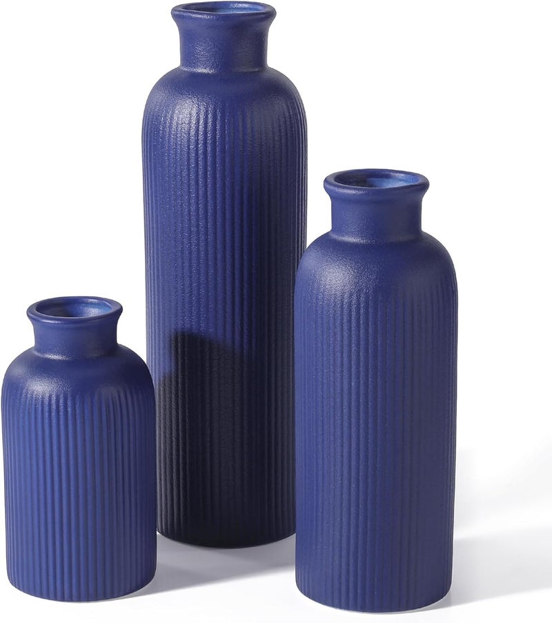 GUKJOB Small Navy Blue Ceramic Vase Set of 3, Boho Modern Navy Blue Flower Vase Room Decor, Farmhouse Decor, Vases for Your Kitchen, Bathroom, Bedroom, Living Room, Office&Shelf Centerpiece Table Decorations - Image 1
