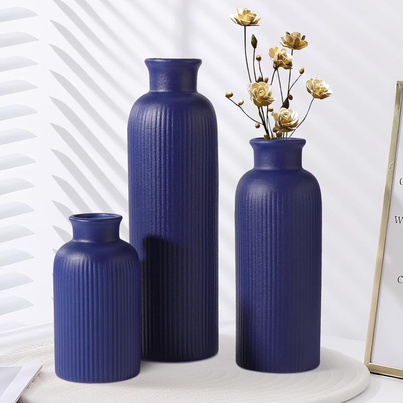 GUKJOB Small Navy Blue Ceramic Vase Set of 3, Boho Modern Navy Blue Flower Vase Room Decor, Farmhouse Decor, Vases for Your Kitchen, Bathroom, Bedroom, Living Room, Office&Shelf Centerpiece Table Decorations - Image 4