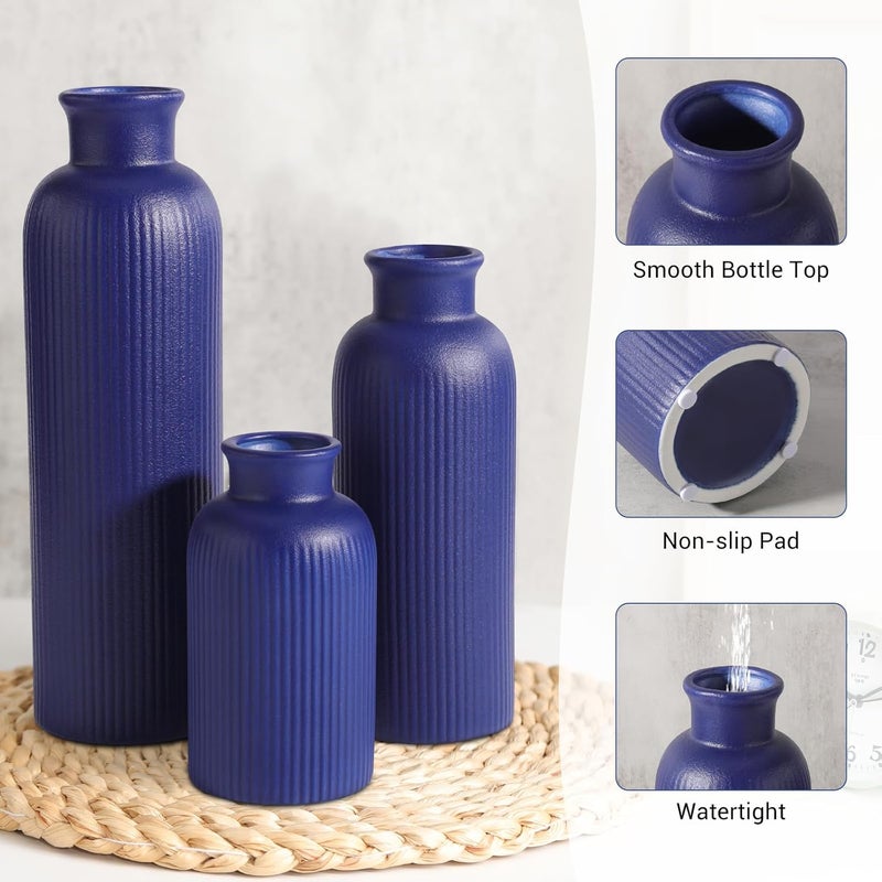 GUKJOB Small Navy Blue Ceramic Vase Set of 3, Boho Modern Navy Blue Flower Vase Room Decor, Farmhouse Decor, Vases for Your Kitchen, Bathroom, Bedroom, Living Room, Office&Shelf Centerpiece Table Decorations - Image 5