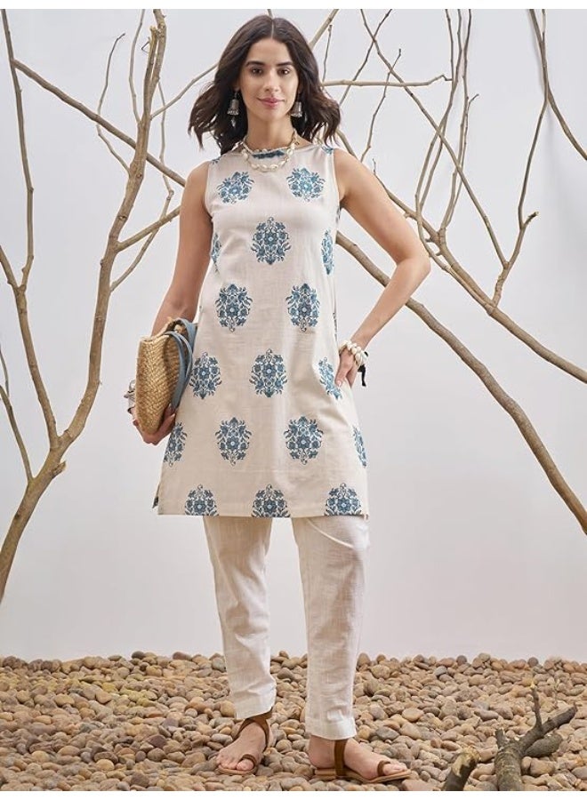 Vishudh Women Kurta OFF WHITE/BLUE 100% Cotton (XL) - Image 4