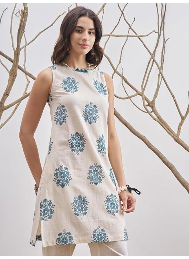 Vishudh Women Kurta OFF WHITE/BLUE 100% Cotton (XL) - Image 3