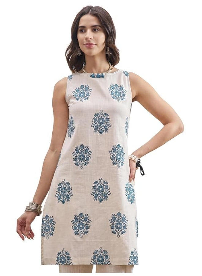 Vishudh Women Kurta OFF WHITE/BLUE 100% Cotton (XL) - Image 5