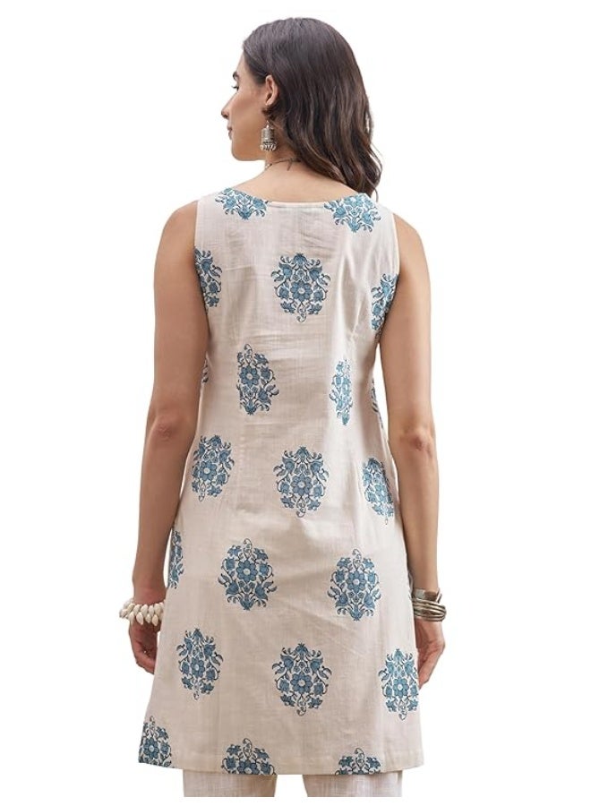 Vishudh Women Kurta OFF WHITE/BLUE 100% Cotton (XL) - Image 2