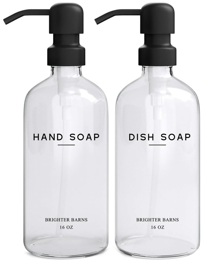 CLEAR GLASS HAND AND DISH SOAP DISPENSER SET BY KITCHEN SOAP DISPENSER SET PUMP GLASS BOTTLES FOR KITCHEN SINK NEUTRAL HOME DECOR MODERN FARMHOUSE BATHROOM ACCESSORIES CLEAR