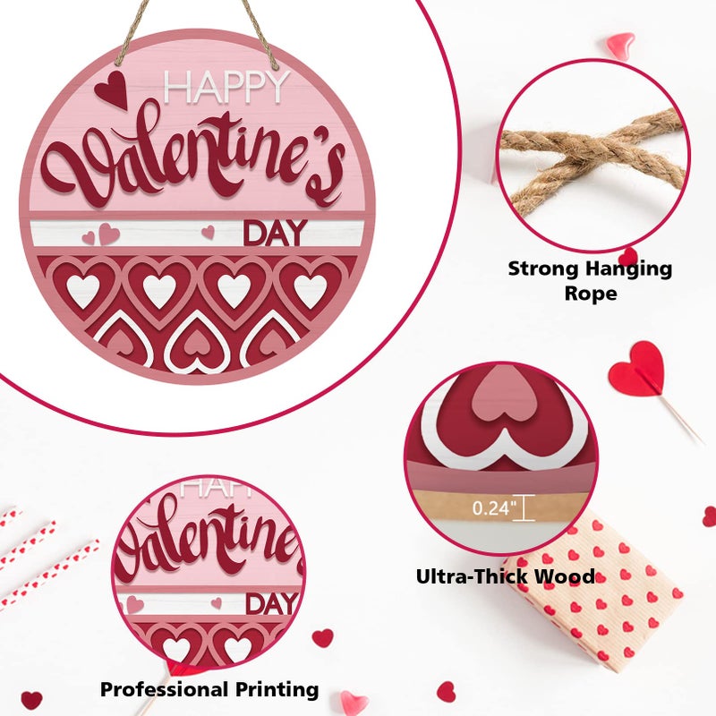 Deroro Happy Valentine's Day Sign for Front Door Decor, Red Pink Love Hearts Wood Door Hanger for Outdoor Outside Porch, Anniversary Wedding Wooden Wreath Indoor Wall Hanging Decoration - Image 3