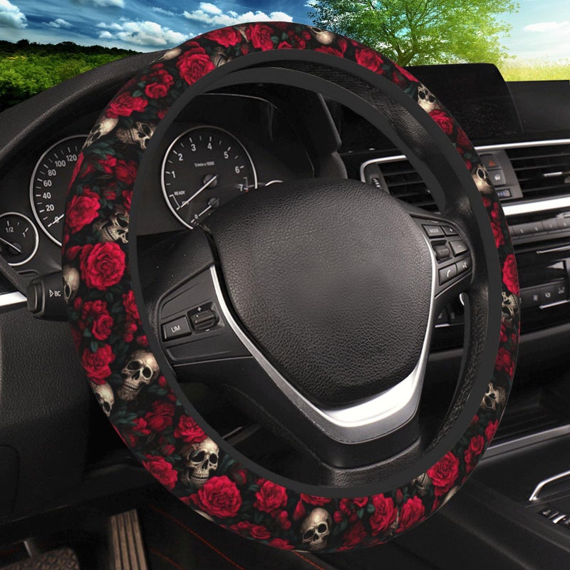 KARREAL Red Rose Skull Steering Wheel Cover, Non-Slip Breathable Neoprene Steering Wheel Covers, Car Accessories Universal 15 Inch Fit Auto, Suvs, Truck - Image 1