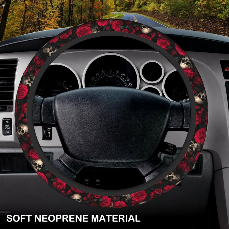 KARREAL Red Rose Skull Steering Wheel Cover, Non-Slip Breathable Neoprene Steering Wheel Covers, Car Accessories Universal 15 Inch Fit Auto, Suvs, Truck - Image 3