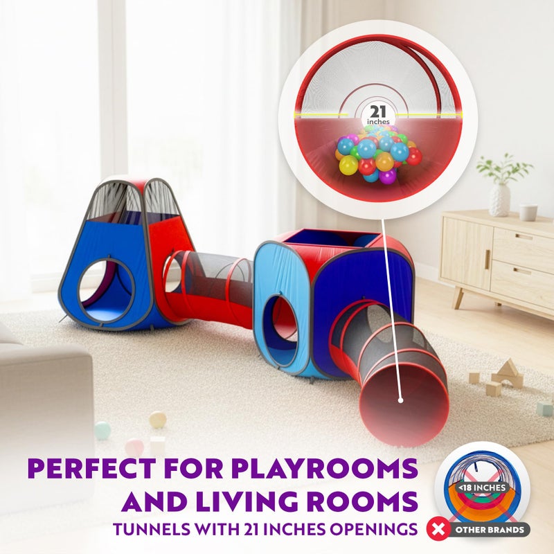 Playz 4pc Pop Up Play Tent and Tunnel Bundle for Toddlers and Kids - Indoor & Outdoor Playhouse with Storage Bag, Red & Blue - Image 4