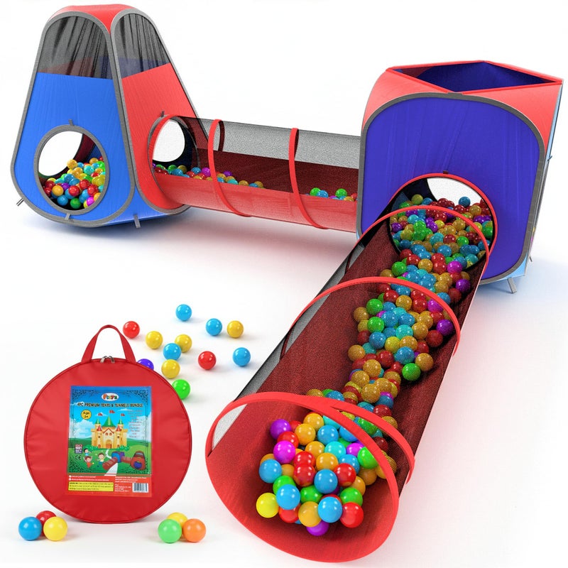 Playz 4pc Pop Up Play Tent and Tunnel Bundle for Toddlers and Kids - Indoor & Outdoor Playhouse with Storage Bag, Red & Blue - Image 1