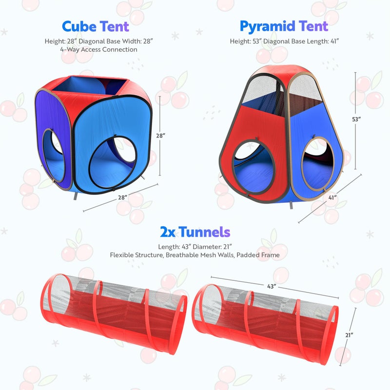 Playz 4pc Pop Up Play Tent and Tunnel Bundle for Toddlers and Kids - Indoor & Outdoor Playhouse with Storage Bag, Red & Blue - Image 3