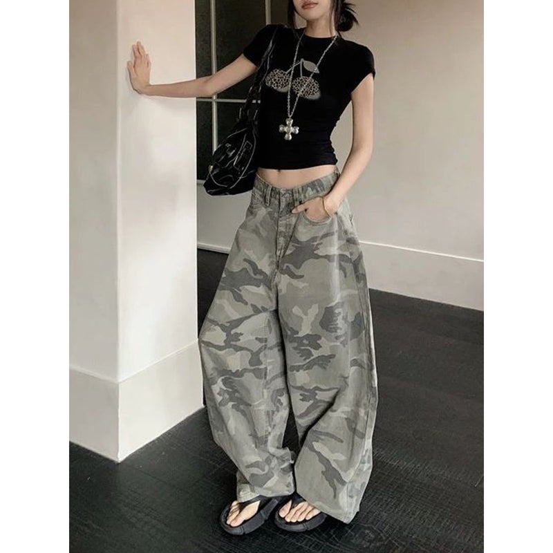 جينز كارجو واسع الساق بتصميم أمريكي ريترو للنساء، عالي الخصر، فضفاض، م slimming، مستقيم الساق، بطول الأرض - Image 2