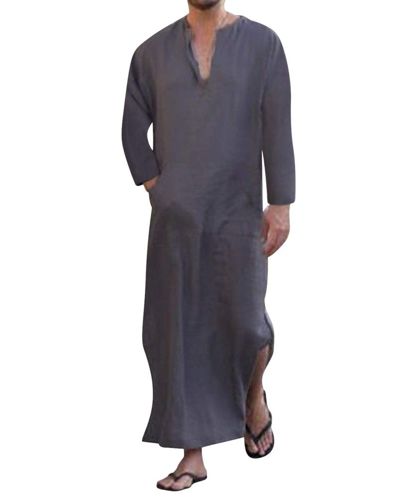 Jacansi Men's Solid Color Oversized Middle Eastern Long Sleeve V Neck Long Thobes Purple #1 3XL - Image 1