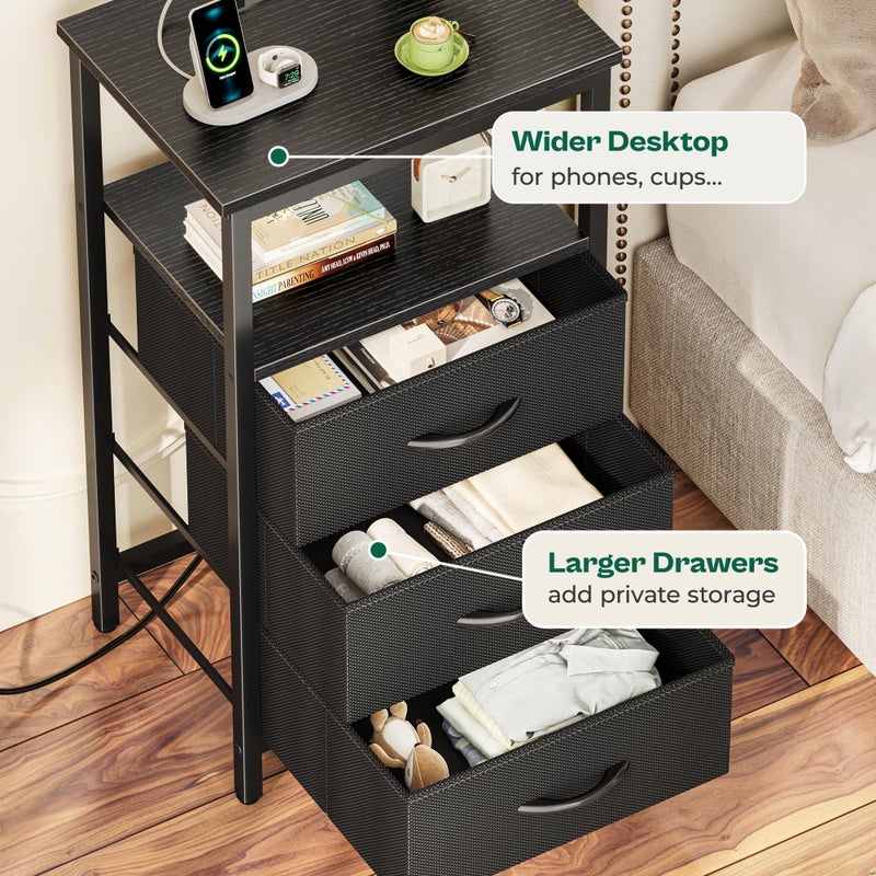 Huuger Night Stand with Charger Station and LED Lights, 3 Drawer Nightstand, Bed Side Table with Open Shelf, End Table, Tall Fabric Dresser for Bedroom, Black - Image 5