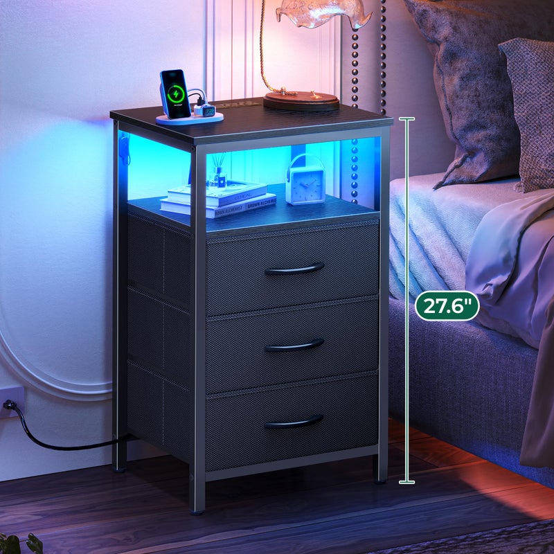 Huuger Night Stand with Charger Station and LED Lights, 3 Drawer Nightstand, Bed Side Table with Open Shelf, End Table, Tall Fabric Dresser for Bedroom, Black - Image 2