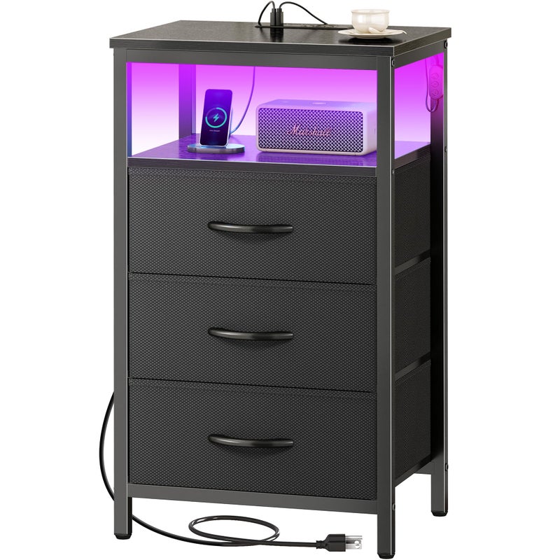 Huuger Night Stand with Charger Station and LED Lights, 3 Drawer Nightstand, Bed Side Table with Open Shelf, End Table, Tall Fabric Dresser for Bedroom, Black - Image 1
