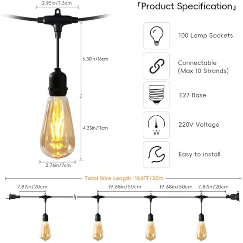 V.nice Outdoor String Light Cable Without Bulbs E27 Socket Festoon Light Cord, IP65 Waterproof Patio String Lighting, Connectable Hanging Cable for Garden, Café, Wedding – 10m/50m/100m - Image 2