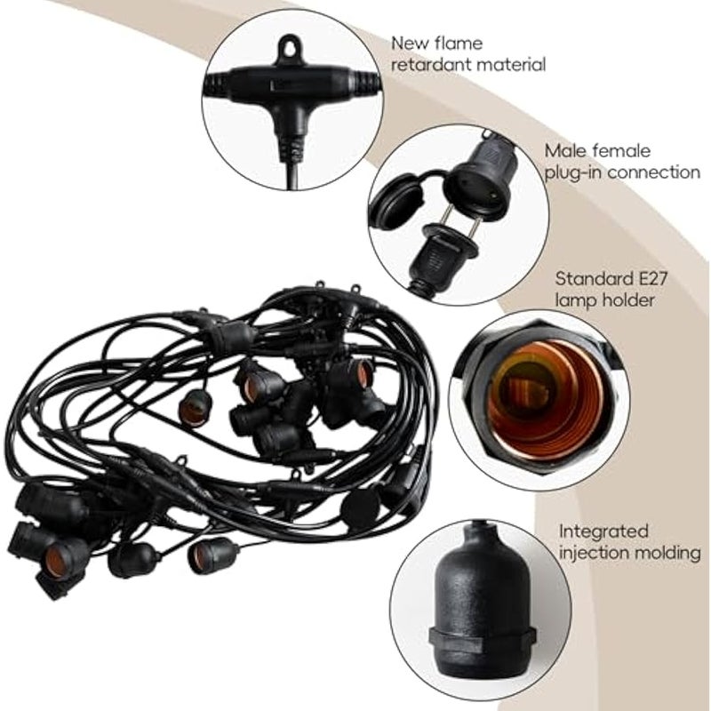 V.nice Outdoor String Light Cable Without Bulbs E27 Socket Festoon Light Cord, IP65 Waterproof Patio String Lighting, Connectable Hanging Cable for Garden, Café, Wedding – 10m/50m/100m - Image 3