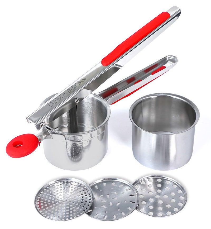 Rorence Stainless Steel Potato Ricer 15 Oz Potato Masher with 3 Interchangeable Discs  Inner Cup  Silicone Grip Handles  Red