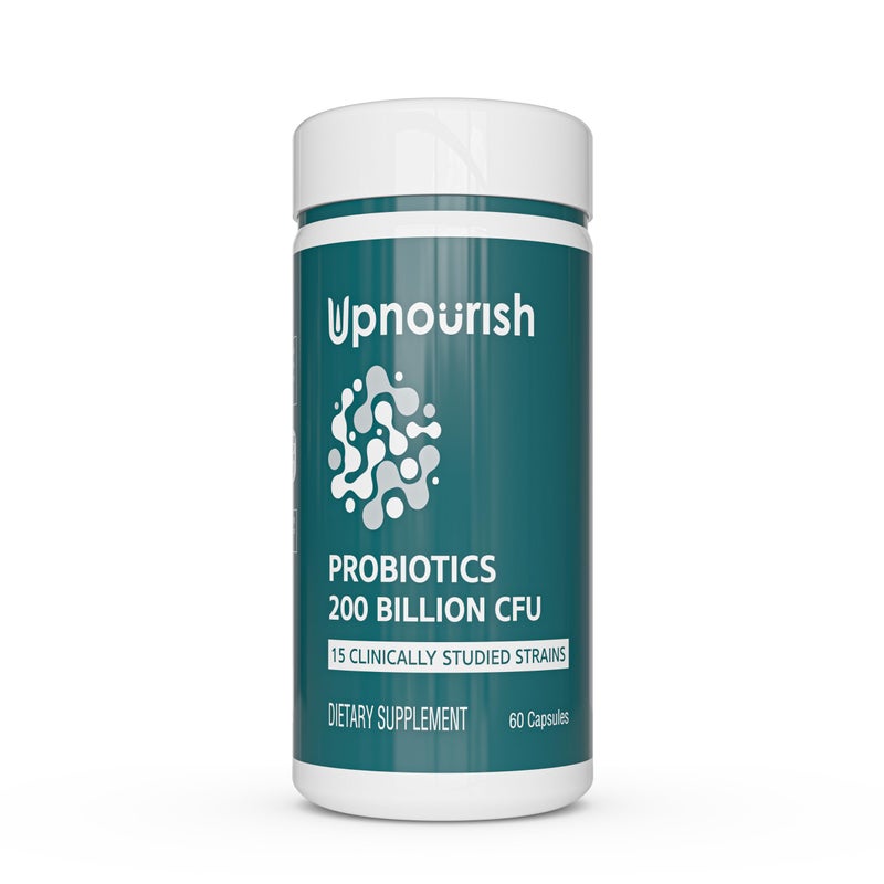 UpNourish Probiotics 200 Billion CFUs for Men and Women 15 Clinically Studied Strains Prebiotics Enzymes 60 Vegan Capsules