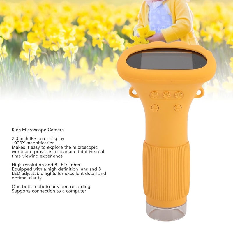 Yellow Handheld Digital Microscope For Kids 1000X Magnification With 2 Inch Screen And 8 LED Lights - Image 5