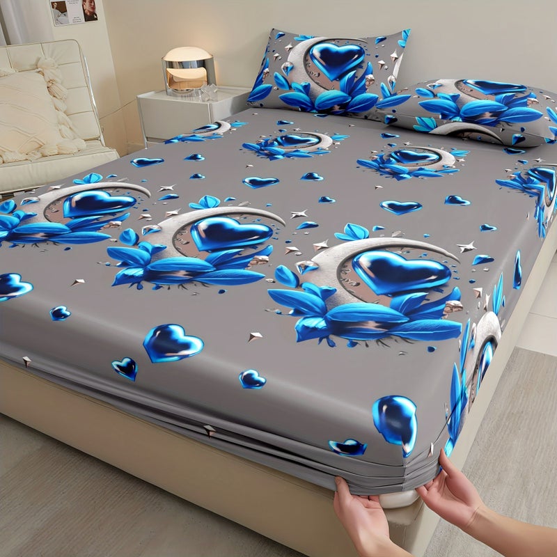 Fitted Sheet Bedding 3pcs Blue Heart Mattress Protector Full Size 53.94 By 74.8 Inches 1 Fitted Sheet 2 Pillowcases No Pillow Inserts Soft Comfortable Skin Friendly Breathable Bed Cover For Home Bedroom - Image 1
