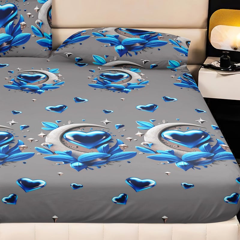 Fitted Sheet Bedding 3pcs Blue Heart Mattress Protector Full Size 53.94 By 74.8 Inches 1 Fitted Sheet 2 Pillowcases No Pillow Inserts Soft Comfortable Skin Friendly Breathable Bed Cover For Home Bedroom - Image 4