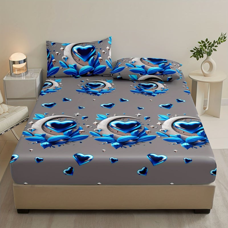 Fitted Sheet Bedding 3pcs Blue Heart Mattress Protector Full Size 53.94 By 74.8 Inches 1 Fitted Sheet 2 Pillowcases No Pillow Inserts Soft Comfortable Skin Friendly Breathable Bed Cover For Home Bedroom - Image 2