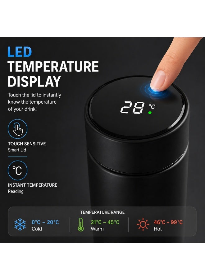 قارورة مياه حرارية ذكية 500 مل مع شاشة LED لعرض درجة الحرارة – ستانلس ستيل معزول، غطاء يعمل باللمس، مانعة للتسرب، لون أسود - Image 2