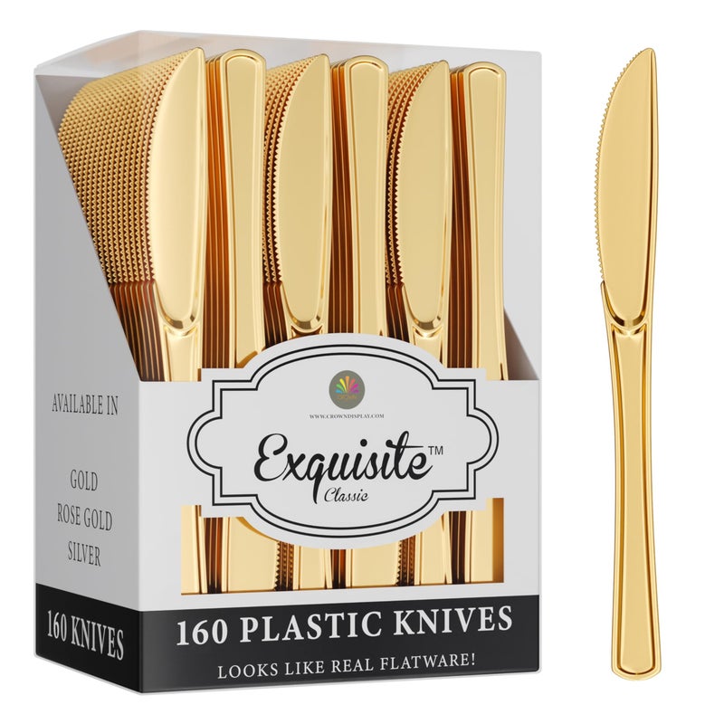 Exquisite Exquisite Gold Plastic Knives Heavy Duty 160 Pcs Gold Plastic Silverware Heavy Duty Disposable Silverware Set | Disposable Knives Eating Utensils Sets Flatware Set For Parties & Events  - Image 1