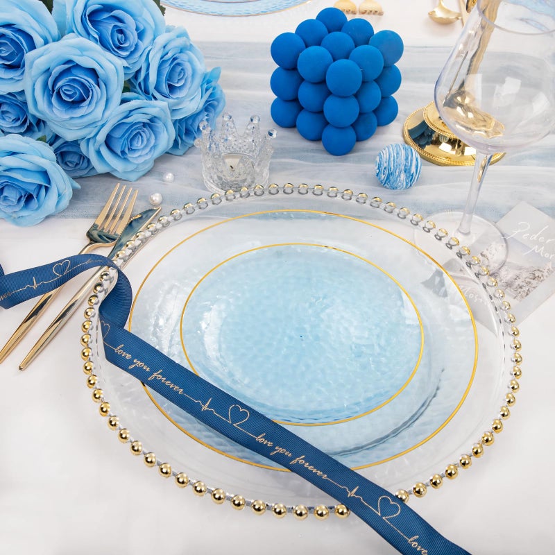 Rubtlamp 100Pcs Blue Gold Plastic Plates  Blue Disposable Plates With Gold Rim  Hammered Plastic Plates Include 50 Dessert Platos  50 Dinner Platos for Party - Image 3